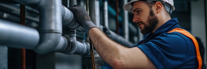 An engineer intensely concentrates on adjusting industrial piping systems while wearing safety gear, showcasing expertise and attentiveness in a bustling technical environment.