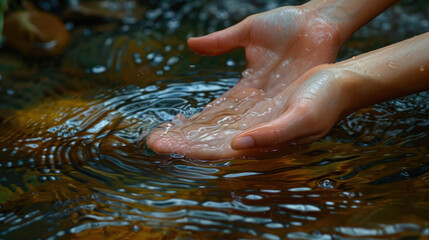 Fototapeta premium woman's hand holding water in a naturally fresh flowing mountain river