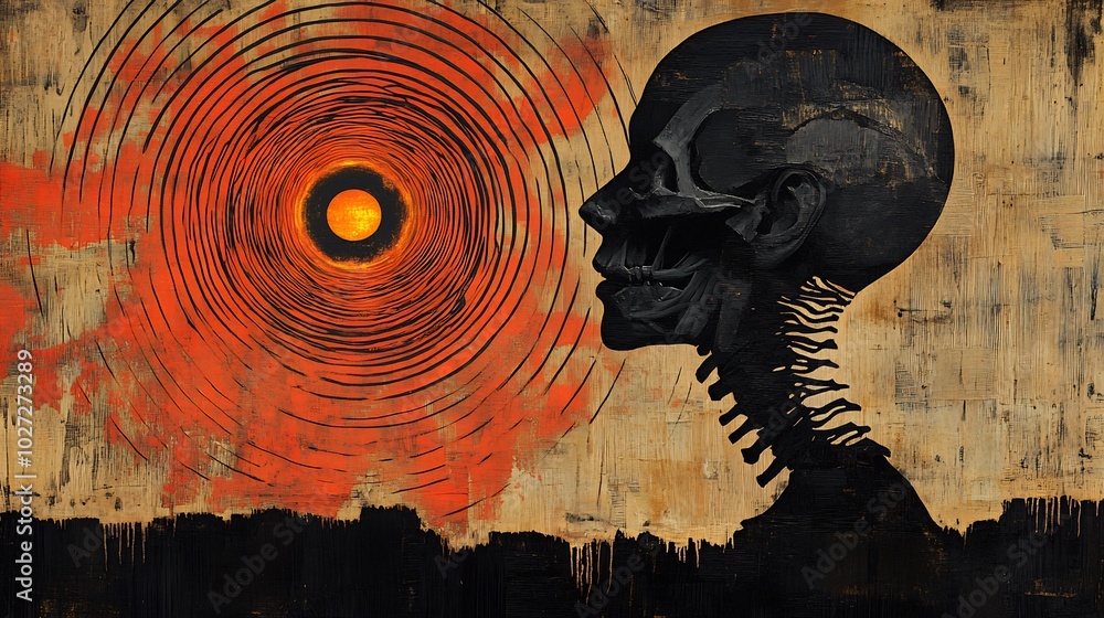 Poster surreal figure head dissolving into swirling patterns glowing orb near heart semitransparent skeleto