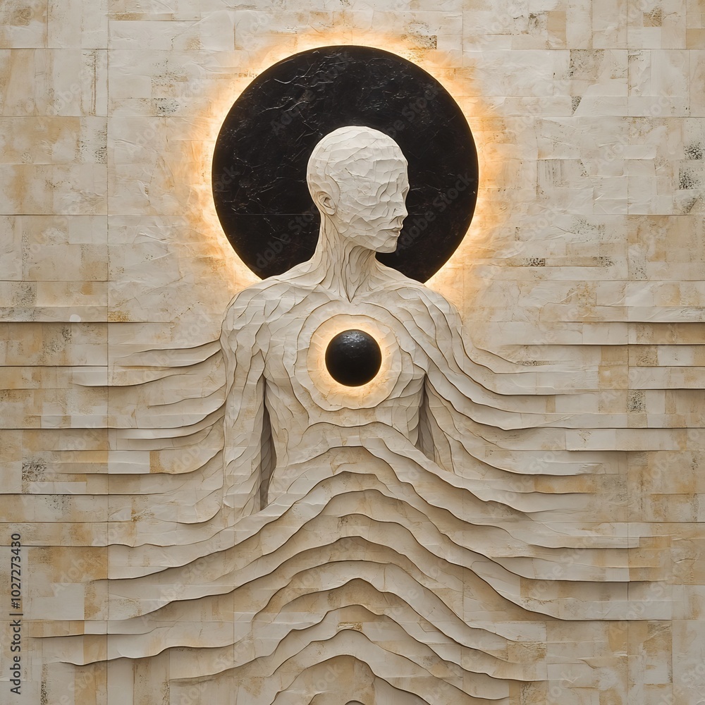 Poster surreal human figure dissolving into swirling lines glowing orb near heart area background features 
