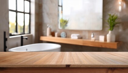 Fototapeta premium Showcase your products in a modern and stylish setting: A wooden table in a contemporary bathroom, featuring clean lines and a natural wood finish