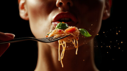 Close-up of woman eating gourmet spaghetti, sensual food moment, luxury dining, modern food advertising