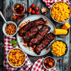 Overhead shot of American BBQ spread with ribs, corn on the cob, baked beans, mac and cheese, on a gingham tablecloth