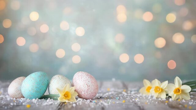 Brightly colored Easter eggs sit beside cheerful daffodils on a wooden surface, enhancing the festive spring atmosphere.