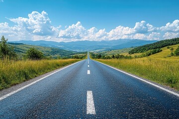 Empty asphalt road leading to the mountains on a sunny summer day
