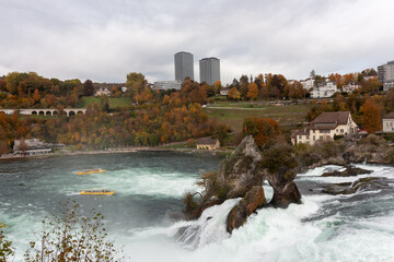 View from viewing platform on Rhine falls (Rheinfalls) the biggest waterfall in Europe