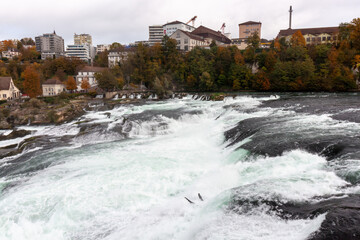 View from viewing platform on Rhine falls (Rheinfalls) the biggest waterfall in Europe