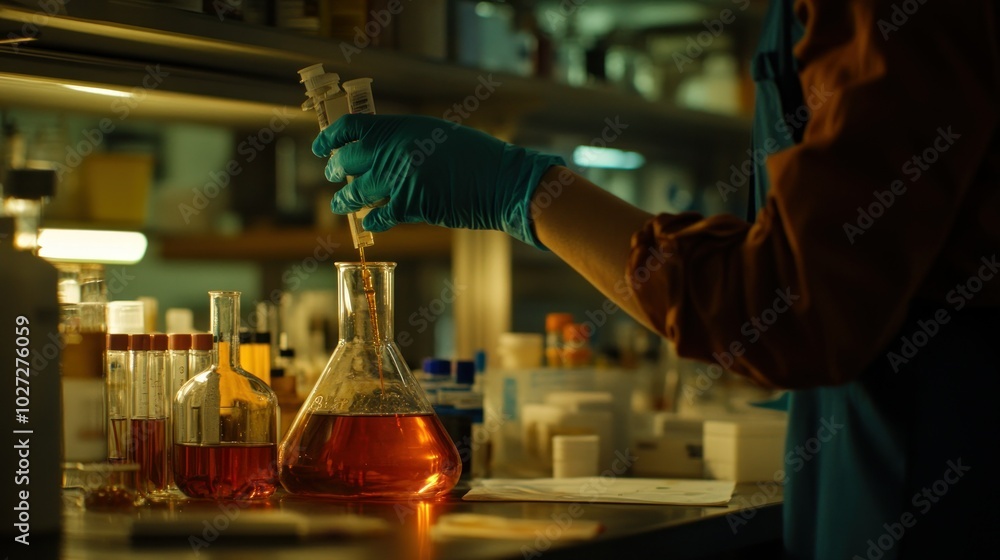 Poster a person in a lab coat and gloves pouring liquid from a syringe into a flask