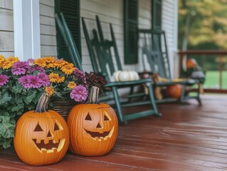 Obraz premium festively carved halloween jack-o'-lanterns nestled among colorful flowers and rustic chairs on a welcoming porch, embodying seasonal home decor