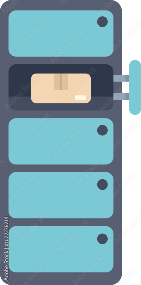 Poster illustration of an automated parcel locker showing one open cell containing a cardboard box ready fo