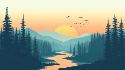 A Silhouetted Forest with a Winding River and the Setting Sun