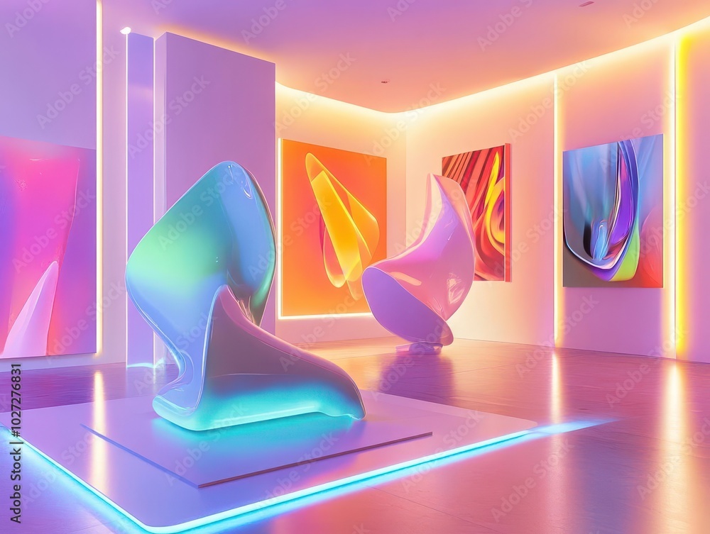 Poster futuristic abstract sculptures in a vibrant art gallery, illuminated with colorful lights and dynamic shapes, inviting viewers to explore their imagination