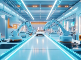 Fototapeta premium futuristic digital factory showcasing automated robotic arms on assembly lines manufacturing high-tech green energy electric vehicles, with a high-tech workspace illuminated by soft blue light
