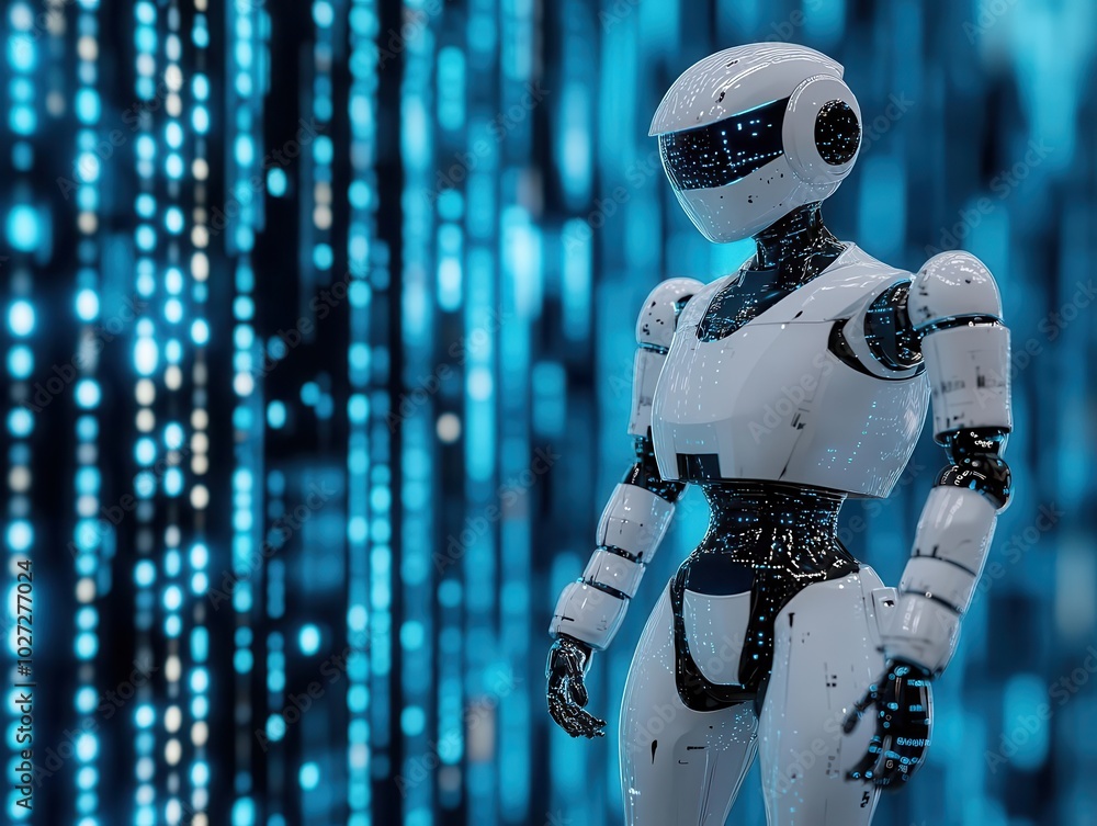 Aufkleber futuristic humanoid robot stands against a digital backdrop, sleek and shiny, showcasing advanced te