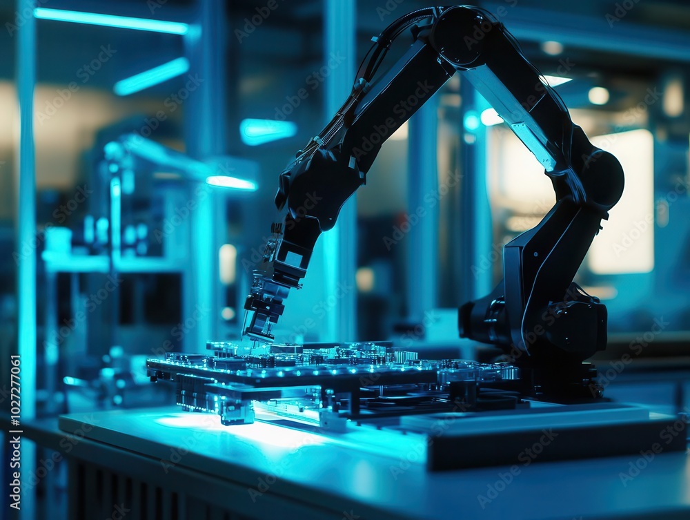 Poster futuristic robotic arm assembling electronic components on a high-tech factory line, illuminated by 