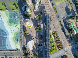 Aerial: Top down shot of Silo park in Wynyard quarter, Auckland, New Zealand © Stefan