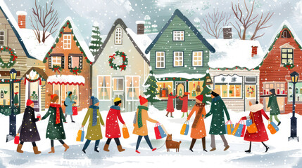 A group of friends Christmas shopping in a quaint, decorated village square, carrying colorful bags and sipping hot cocoa