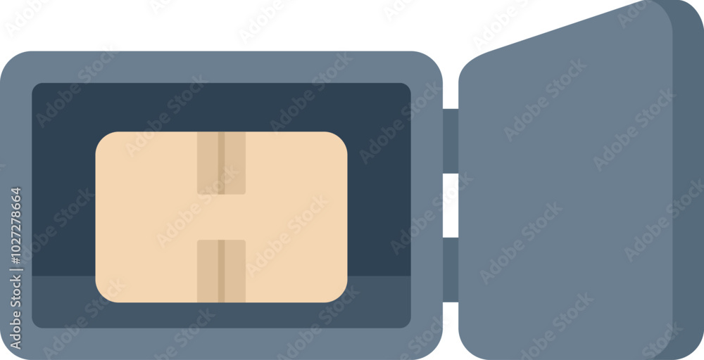 Poster open empty metal safe box with a cardboard box inside on white background