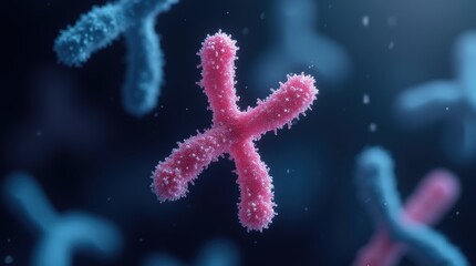 Genetic Structures: Central Pink Chromosome in Mitosis with Blue Chromosomes