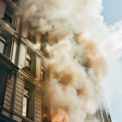 A building is heavily engulfed by thick smoke, emphasizing a dramatic scene of urgency and action.