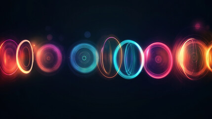 Abstract digital art featuring colorful neon light circles arranged horizontally against a dark background, creating a vivid and dynamic visual effect.