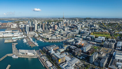 Aerial: Wynyard quarter looking back towards Auckland city, New Zealand