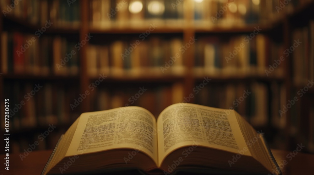 Poster An Open Book in a Library Setting with a Blurry Bookshelf Background
