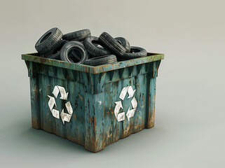Tires recycling - waste container is full of used black rubber car tires