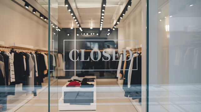 A contemporary boutique store with a closed sign displayed on the glass door, emphasizing exclusivity and elegant retail design