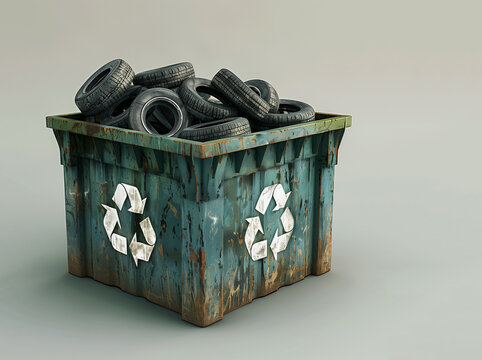 Tires recycling - waste container is full of used black rubber car tires