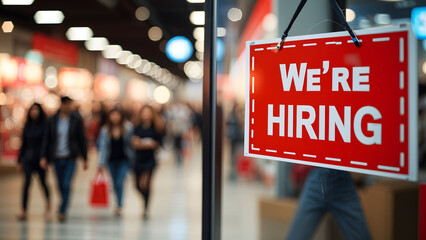 A retail store featuring a bold 'We're Hiring' sign, inviting potential applicants with a clear job opportunity message