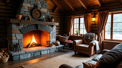 A cozy rustic cabin interior featuring a stone fireplace, offering warmth and comfort in a nature-inspired setting