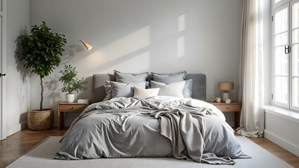 A Scandinavian bedroom featuring cozy textiles and minimalist design, creating a warm and inviting atmosphere for relaxation