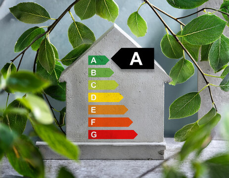 Energy-efficient building - small A-class house with leaves around