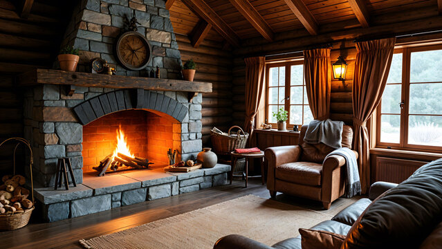 A cozy rustic cabin interior featuring a stone fireplace, offering warmth and comfort in a nature-inspired setting