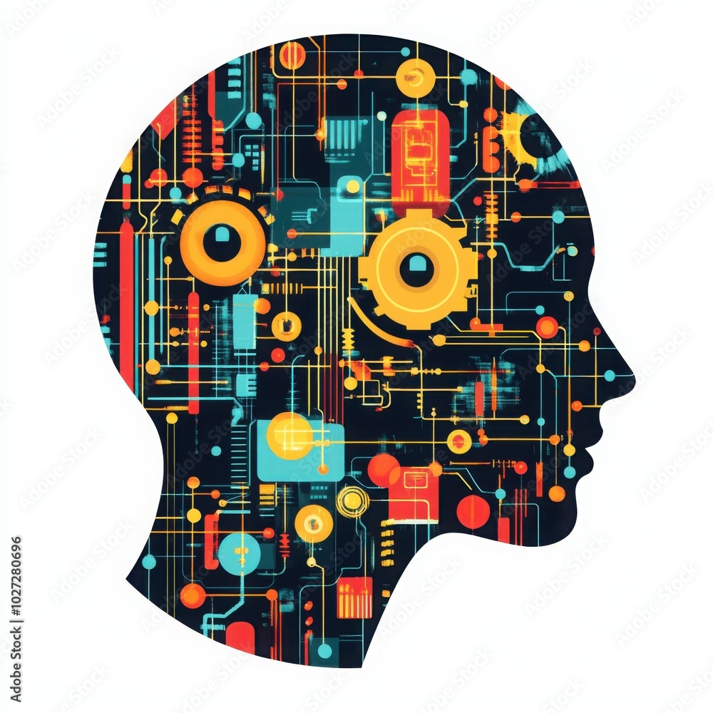 Poster intricate design of a futuristic human brain, highlighting intelligence and technology with a blend 