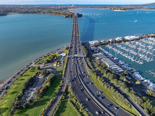 Aerial: Westhaven marina and auckland harbour bridge, Auckland city, New Zealand