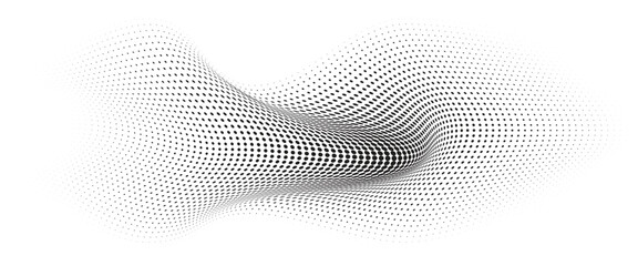 Flowing Wave Dot Halftone Pattern: Curve Gradient Shape on Transparent Background. Suitable for AI, Tech, Network, Digital, Science, and Technology Themes.