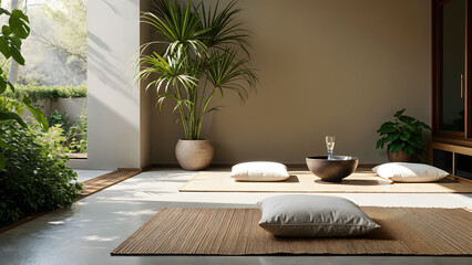 A peaceful zen-inspired meditation room featuring floor cushions, ideal for mindfulness and relaxation