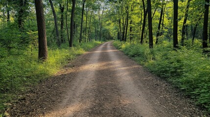 Fototapeta premium Dirt path in a lush green forest with tall trees under sunlight, creating a peaceful and natural atmosphere.