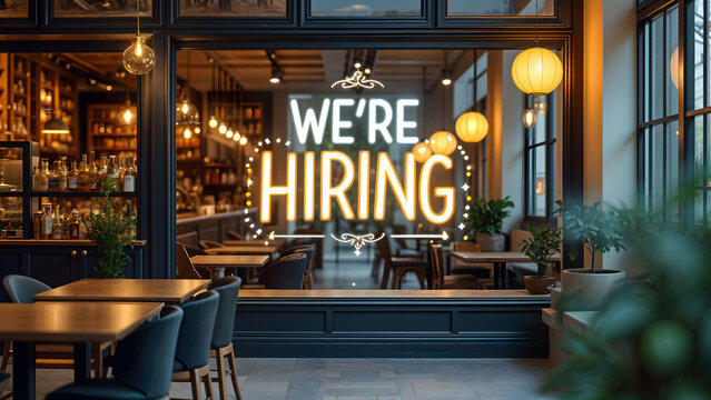 A trendy café featuring a 'We're Hiring' sign on its window, blending modern design with job opportunities for potential applicants