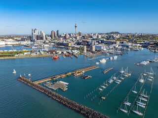Fototapeta premium Aerial: Westhaven marina looking back to Auckland city, New Zealand
