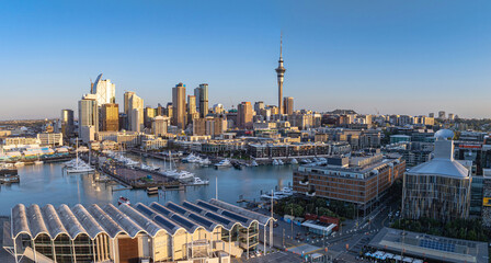 Aerial: Wynyard quarter looking back towards Auckland city, New Zealand