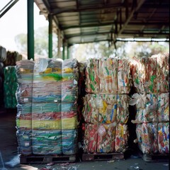 Bales of compacted recyclable materials, stacked under a warehouse roof, symbolize environmental consciousness and the importance of recycling in sustainability.