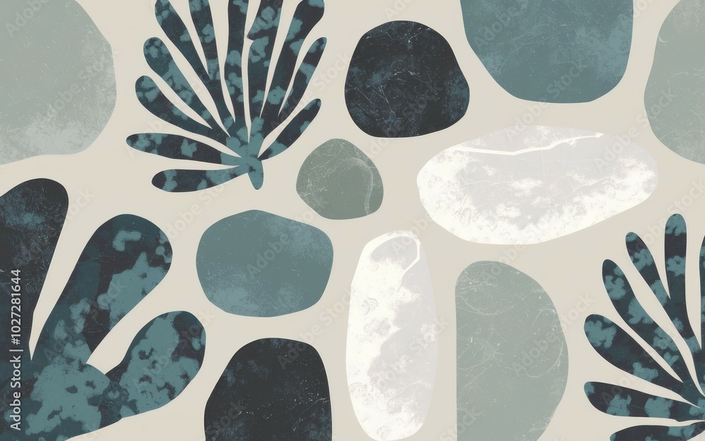 Poster abstract nature pattern. abstract pattern with teal and grey leaves and stones, perfect for backgrou