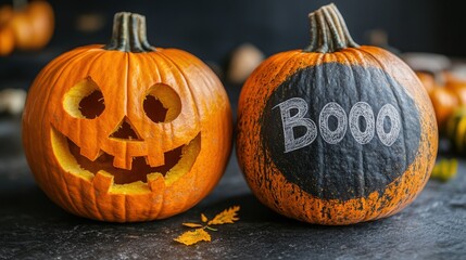 Obraz premium Drawing on a dark isolated background of a scary pumpkin with Halloween carved eyes and the words 