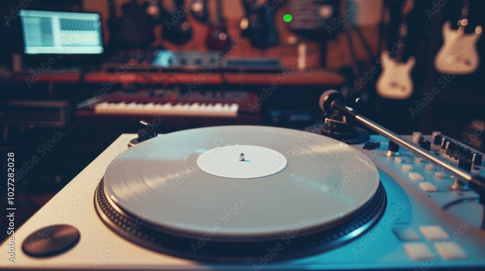 Wall mural vinyl record player closeup. close-up of a vinyl record player in a music studio, highlighting the t