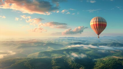 Naklejka premium Hot air balloon flight. Colorful hot air balloon ascending above a scenic mountain range with a soft, hazy sunrise.