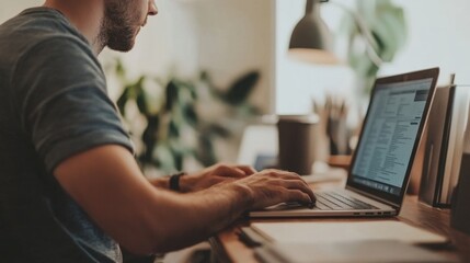 Side view of a man working at his home office workplace, minimal background focusing on his workspace setup.