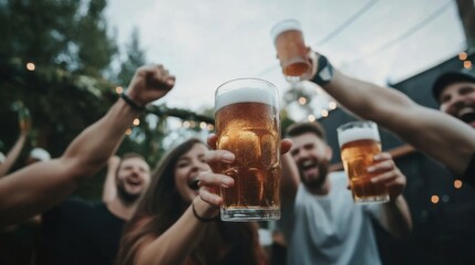 Friends and colleagues cheering with beers and drinks outdoors, minimal background focusing on their celebration.